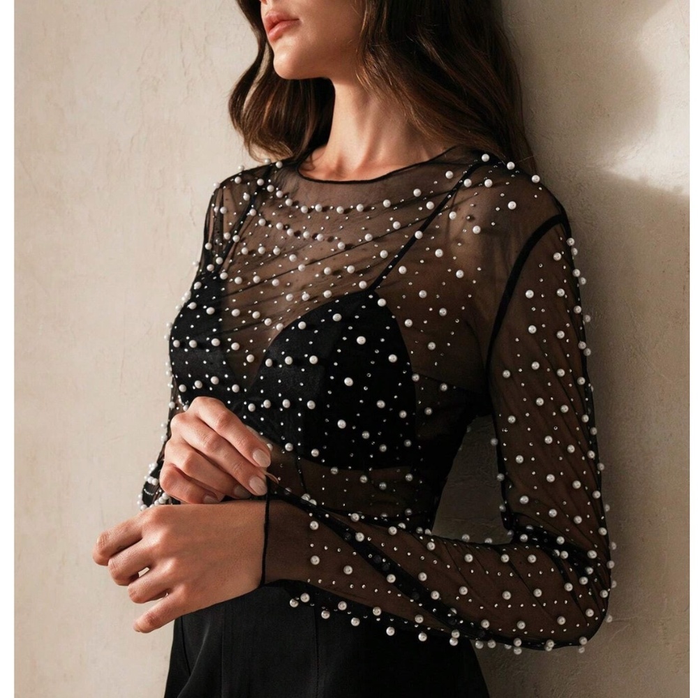 Beaded Black Sheer Mesh Long Sleeve Shirt with Faux Pearls and Sparkles
